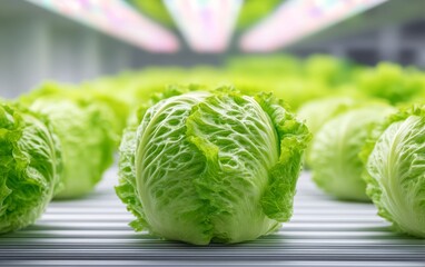 Fototapeta premium Fresh Head of Lettuce Undergoing Inspection in Modern Agricultural Setup