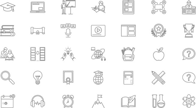 Set of education and school themed line art icons for learning with learning
