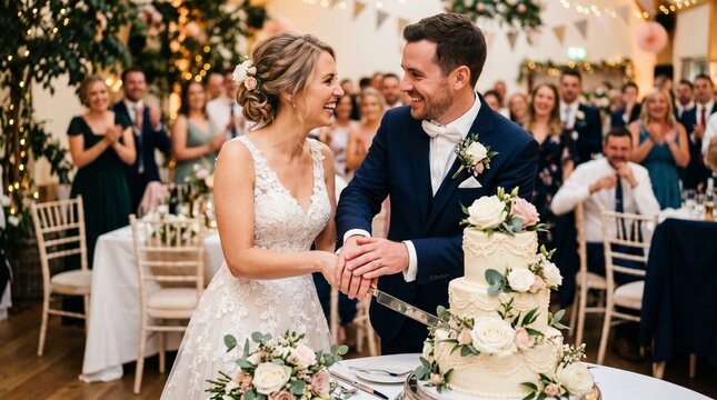 Happy bride and groom cutting wedding cake at reception with guests watching and celebrating