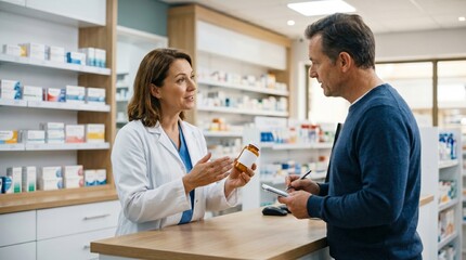 Fototapeta premium Pharmacist explains medication to customer at pharmacy counter with shelves of medicine in background