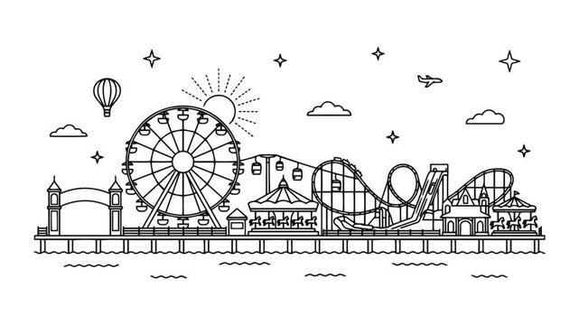 Animation of Santa Monica Pier boardwalk featuring the iconic ferris wheel and roller coaster over the ocean
