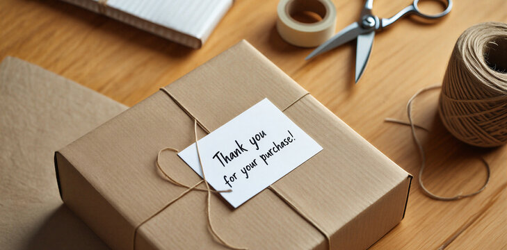 Small parcel package with thank you note on wooden table delivery shipping cardboard ecommerce business customer appreciation shopping logistics stationery scissors supplies