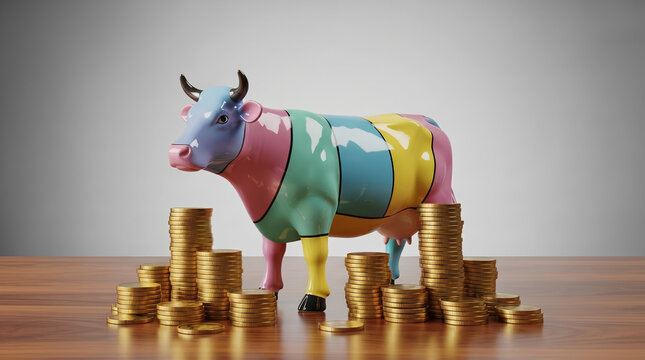 Glossy pink ceramic cow surrounded by stacked gold coins on a wooden table representing a profitable cash cow business investment.