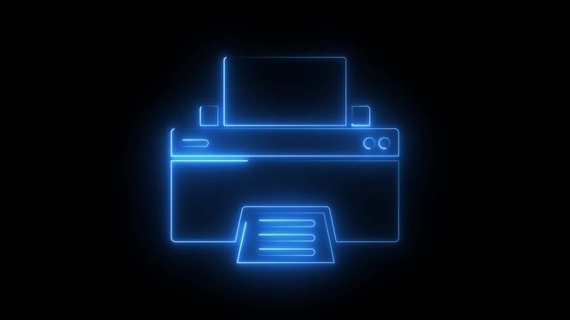 Blue neon printer icon outline glowing on black background animation.