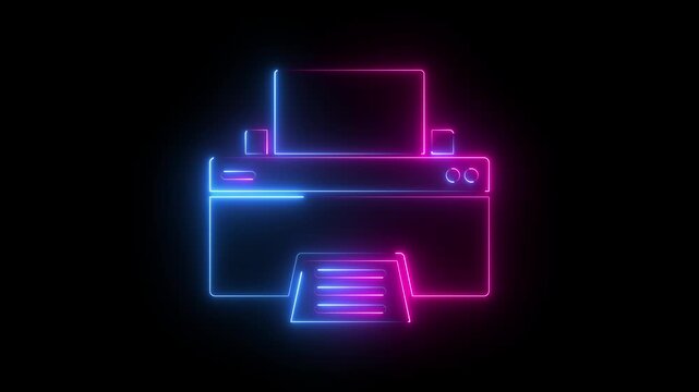 Pink and blue neon printer icon outline glowing on black background animation.