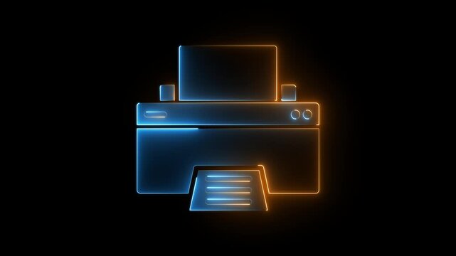 Gold and blue neon printer icon outline glowing on black background animation.