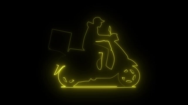 Yellow neon delivery courier on scooter outline glowing on black background animation.