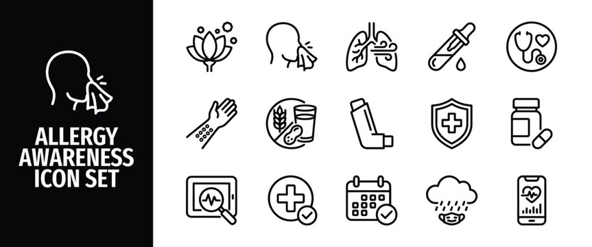 Allergy awareness icon set line icons representing allergic reactions, symptoms, diagnosis, and treatment like sneezing, pollen, asthma inhaler, skin test