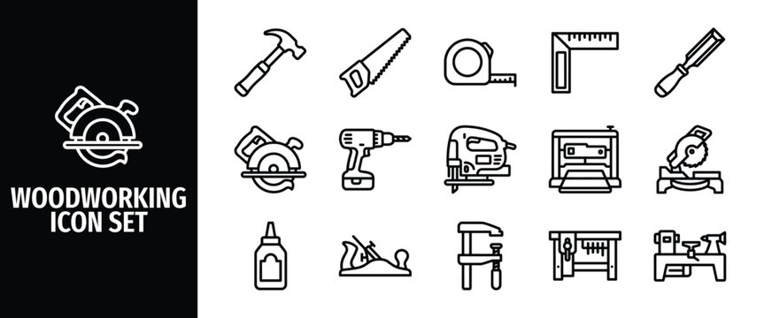Woodworking icon set with carpentry tools including hammer, hand saw, tape measure, square, chisel, circular saw, drill, jigsaw, planer, clamp, and workbench