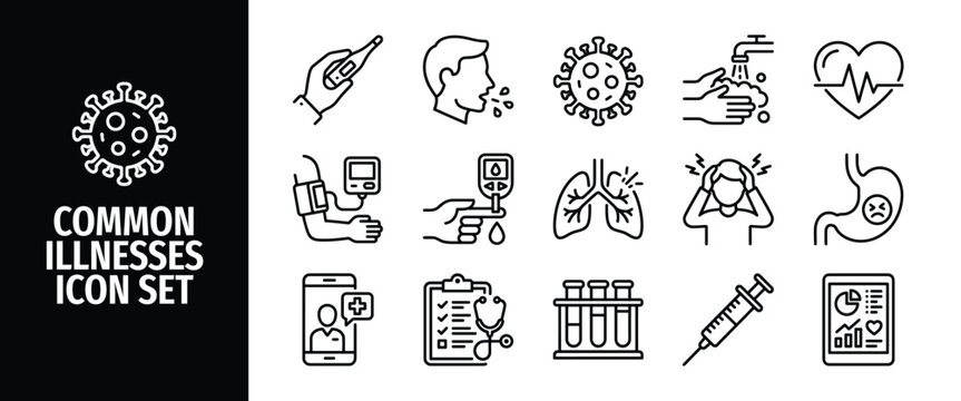Common illnesses and medical symptoms line icon set vector icons of fever, cough, virus, hand washing, blood pressure, diabetes, lung disease, headache, stomach ache
