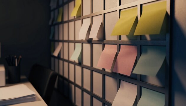 Modern wall planner calendar with blank colorful sticky notes attached to different days for effective project management and task scheduling mockup, organized workplace organizational tool.