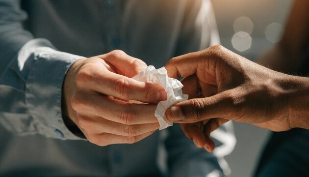 Compassionate therapist handing a white tissue to a crying patient during a mental health counseling session, close-up focus on supportive hands and empathy in a professional clinical setting.