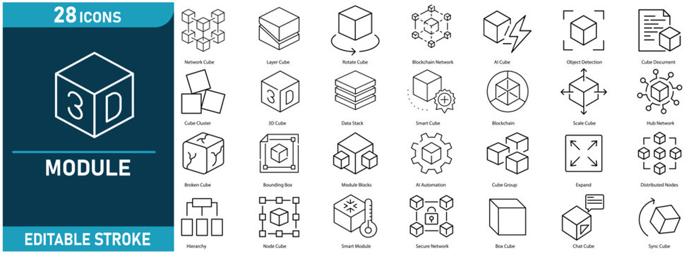 Module and Cube Technology Line Icon Set. Contains icons related to 3D cube, modular system, blockchain network,data structure, automation, and more . Editable stroke. Vector illustration.