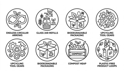 Fototapeta premium Circular Economy Principles and Zero Waste Sustainability Line Art Vector Icons