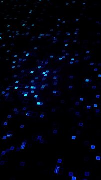Vertical digital motion background featuring animated blue geometric shapes on a black background. Hitech digital matrix background for concepts like artificial intelligence, cybersecurity