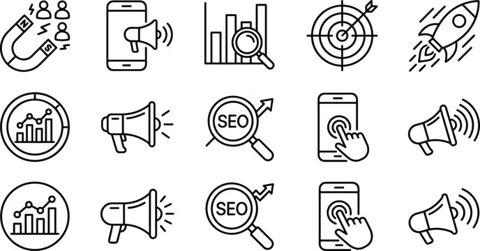 Set of seo marketing icons business strategy growth and promotion tools vector illustration.