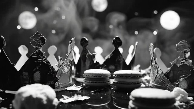 Black and White Artistic Scene Featuring Crowns, Macarons, and Elegant Atmosphere with Smoke