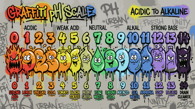 Colorful Graffiti Style PH Scale Educational Infographic Chart.