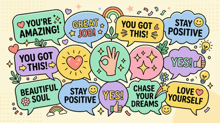 Obraz premium Colorful doodle speech bubbles with positive affirmations and motivational messages.