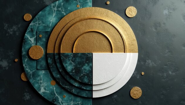 Abstract gold shapes layered on dark textured background with teal marble. Geometric design elements contrast with circular gold accents creating elegant visual composition.