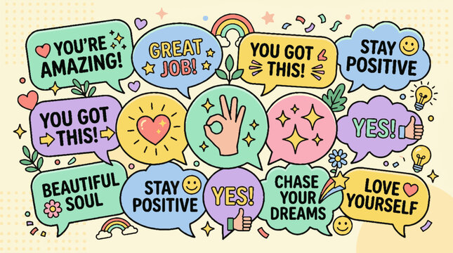 Colorful doodle speech bubbles with positive affirmations and motivational messages.
