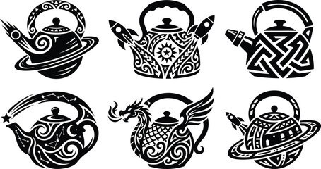 Collection of futuristic UFO emblems with rockets dragons and cosmic symbols representing space exploration and sci fi design © Md