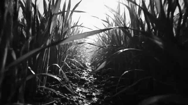 Low-angle monochrome view of a path between tall grass towards bright sunlight with sounds of nature