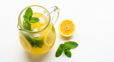 Fototapeta premium Refreshing homemade lemonade with mint and lemon slices in clear glass pitcher on white background