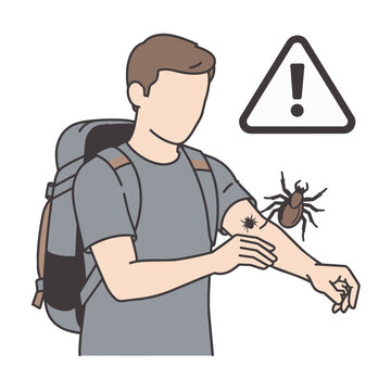 Man with backpack examining tick bite on his arm with warning sign