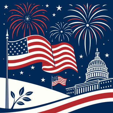 Us independence day celebration with american flag and capital building illustration independence patriotic fireworks