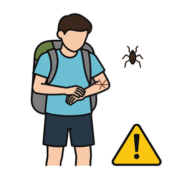Hiker scratching tick bite on arm with caution warning sign