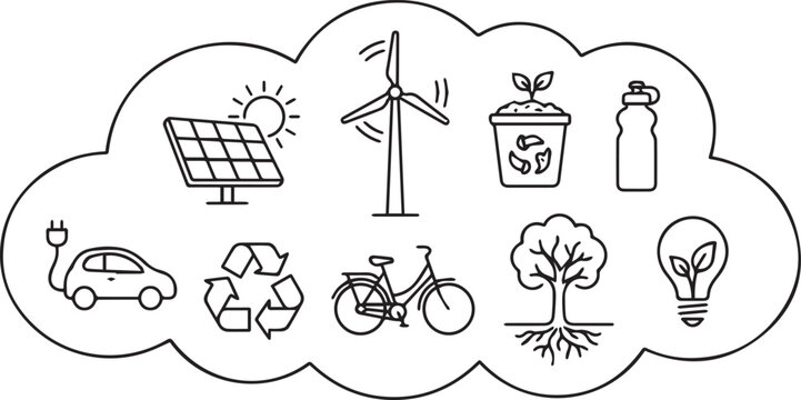 Green energy and ecology line icons set inside cloud shape