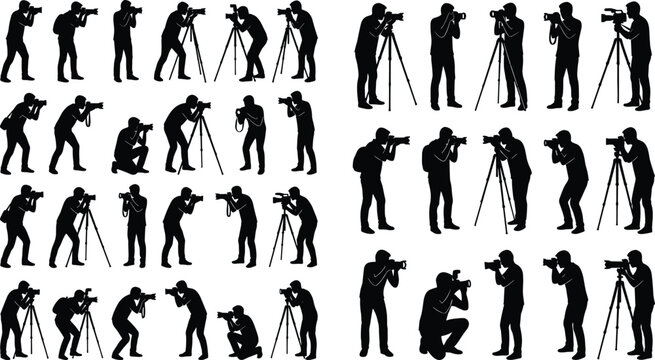 Collection of photographer and videographer silhouettes capturing images and filming content with professional cameras and media equipment