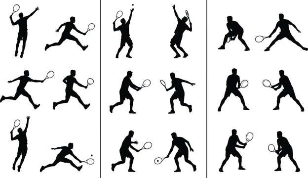 Collection of tennis player silhouettes in action poses featuring serves volleys forehands backhands and competitive sports performance