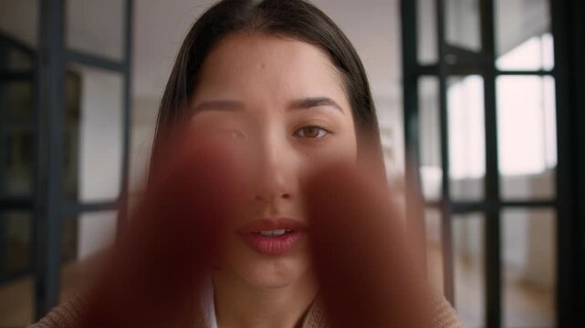 POV webcam Caucasian woman at home scrolling on mobile phone touchscreen gadget point of view girl influencer social media addiction female lady touch screen using smartphone hands browsing internet