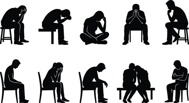 Depressed people silhouette collection featuring sadness stress anxiety grief loneliness and emotional mental health concepts set