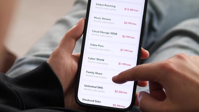 a user reviewing a list of monthly subscription add-ons. The interface shows prices for Global Roaming, Music Stream, and Cloud Storage. Ideal for illustrating billing plans, service customization