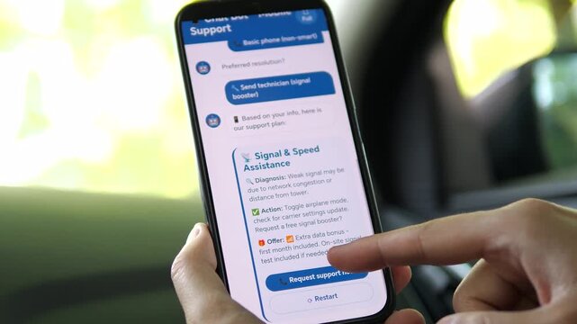 Viewing a personalized support plan from a mobile support bot. The screen displays a diagnosis of weak signal and a recommended action plan. Perfect for telecom, customer service automation, and AI