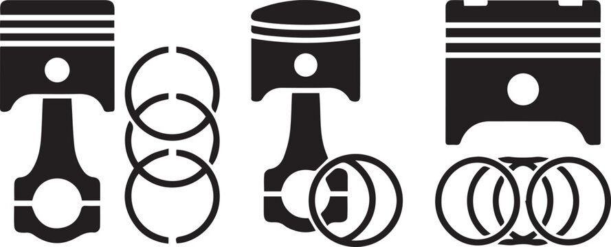 Minimalist black vector icons of car engine pistons and piston rings silhouette set isolated on white background