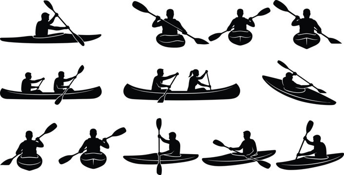 Kayaking and canoeing silhouette collection featuring paddlers in boats isolated for outdoor adventure water sports and recreation