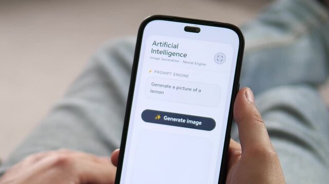 Neural engine in action. Mobile app generating high-res images from text. User-friendly AI interface demonstrating machine learning power. Great for digital marketing, app reviews, and futuristic