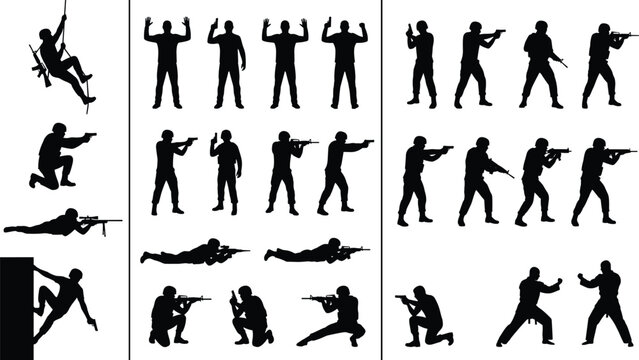 Military soldier and special forces police silhouettes set featuring tactical operators with weapons sniper rifle rappelling aiming and martial arts fighting poses