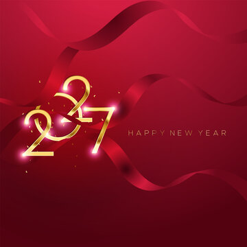 2027 Happy New Year Gold Ribbon Bow Outline Sketch Red Background Design