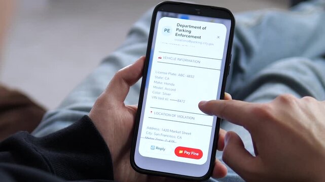 Modern citizen checking a digital parking citation on a smartphone. Features a clean e-governance UI for payment and violation details. Perfect for tech, legal, and urban lifestyle content. Smooth