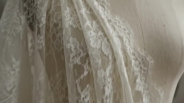 Bridal dress design process in a studio with detailed lace work and fabric arrangements