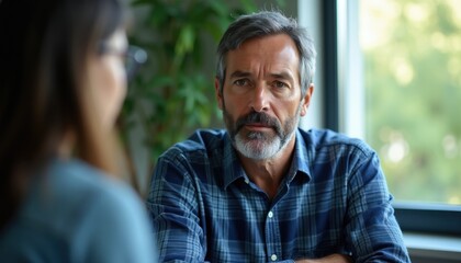 Fototapeta premium Man in blue plaid shirt looks at woman with glasses. Serious conversation in office. Man listens intently, serious discussion, professional meeting. People talking indoors near window, thoughtful