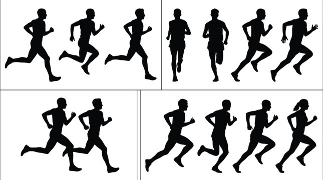 Running athlete silhouette collection featuring male and female runners in motion isolated for fitness training and sports design