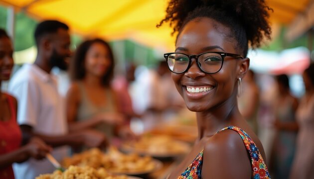 Young Black woman wearing glasses smiles at camera, surrounded by people at outdoor food market. She wears a colorful top, standing near serving dishes with prepared meals.