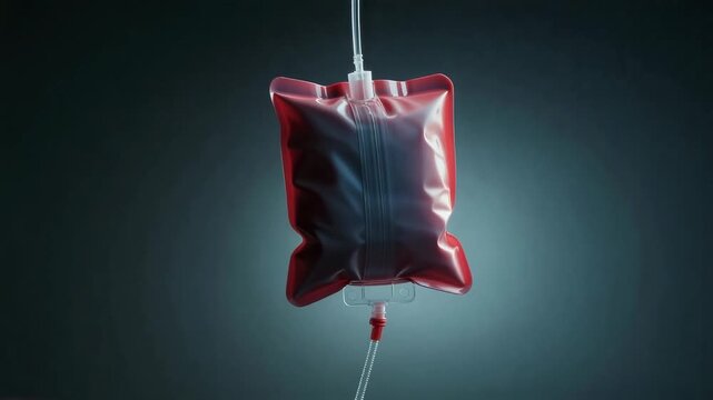 Blood bag hanging in a dark background showing medical supplies for donation and transfusion purposes in a health facility