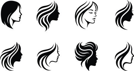 Elegant women hairstyle silhouette collection featuring female profile icons with flowing hair designs for beauty salon branding © Md